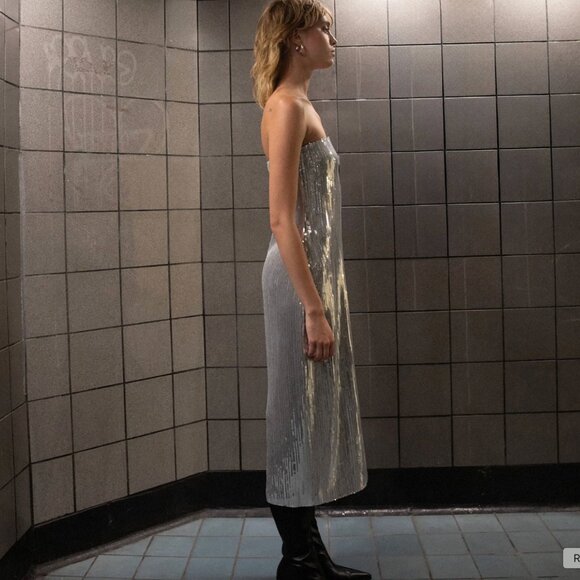 Oak + Fort Sequin Tube Midi Dress Silver NWT Size XS - Picture 4 of 14